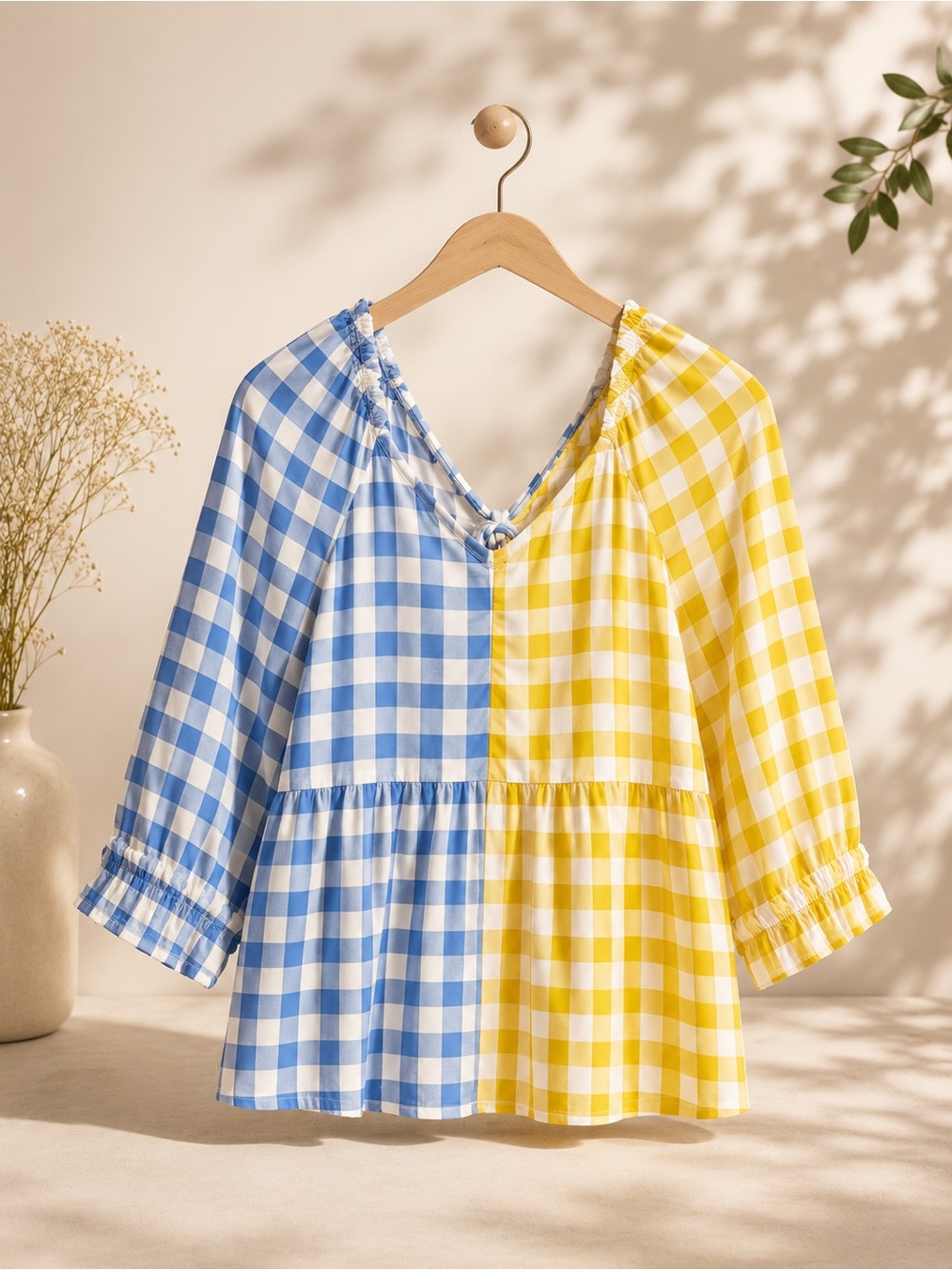 Blue & Yellow Gingham Peasant Top
